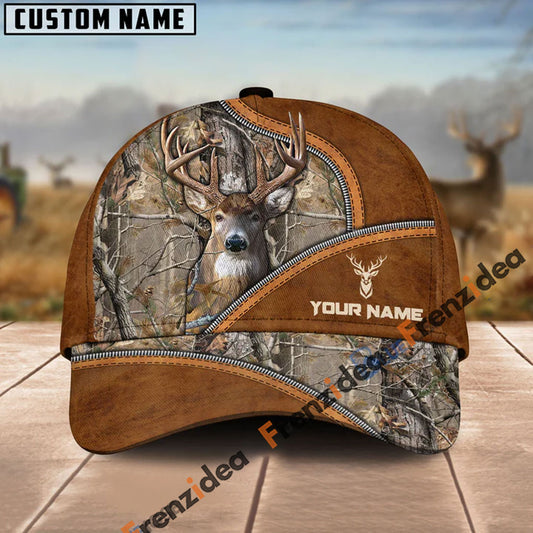 Frenzidea Deer Hunting Premium Brown Leather Pattern Personalized Name Cap