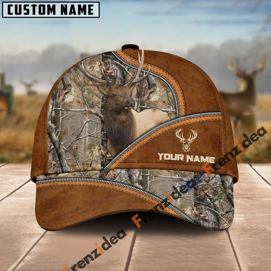 Frenzidea Elk Hunting Premium Brown Leather Pattern Personalized Name Cap