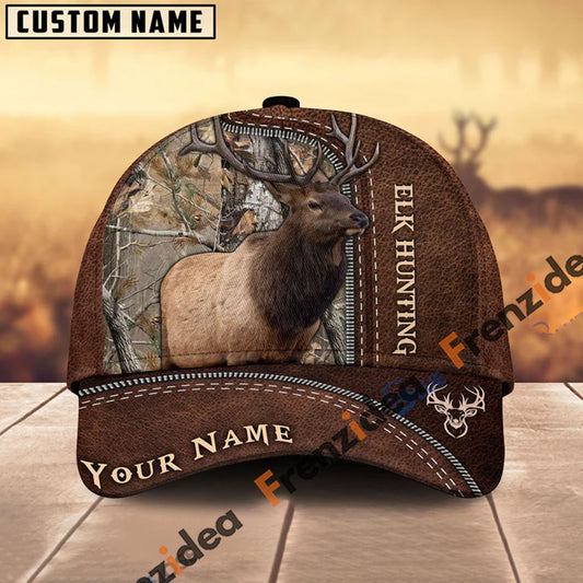 Frenzidea Elk Hunting Leather Pattern Personalized Name Cap