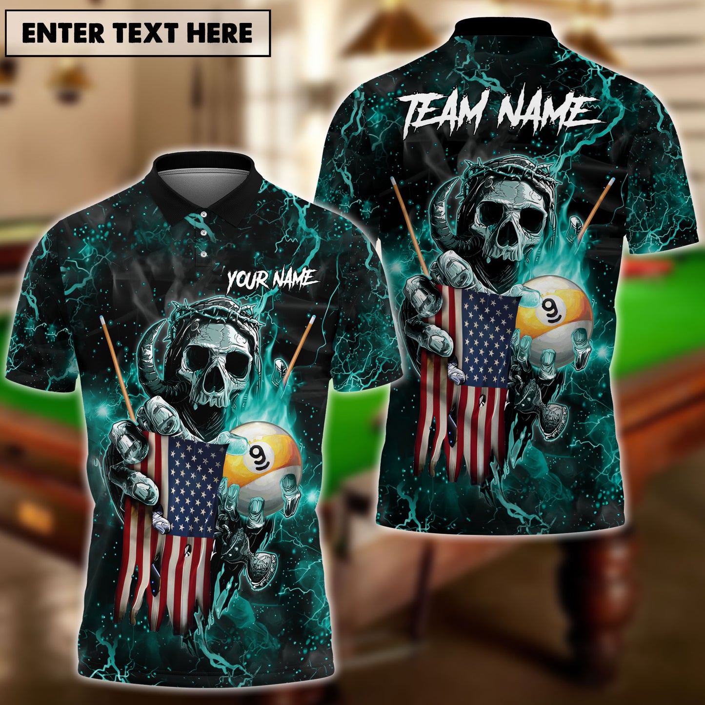 Frenzidea Billiards Ball 9 Fire Skull US Flag Personalized Name, Team Name Unisex Shirt ( 6 Colors )