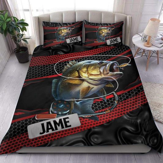 Frenzidea Bass Fishing Black & Red Lines Personalized Bedding Set