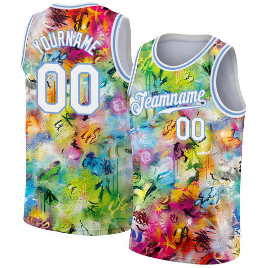 Frenzidea Custom Scratch Graffiti Pattern White-Light Blue 3D Authentic Basketball Jersey