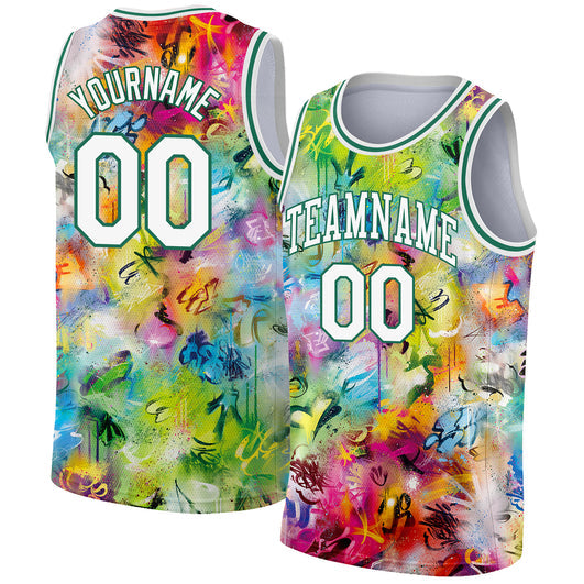 Frenzidea Custom Scratch Graffiti Pattern White-Kelly Green 3D Authentic Basketball Jersey