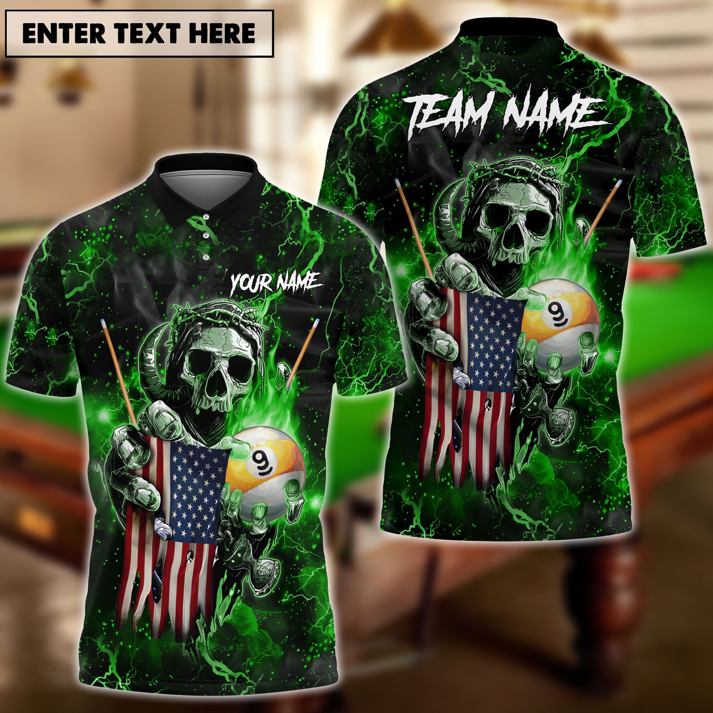 Frenzidea Billiards Ball 9 Fire Skull US Flag Personalized Name, Team Name Unisex Shirt ( 6 Colors )