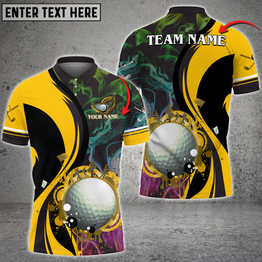 Frenzideas Smoke Pattern Yellow Colorful Golf Ball Water Flow Customized Name 3D Shirt (4 Colors)