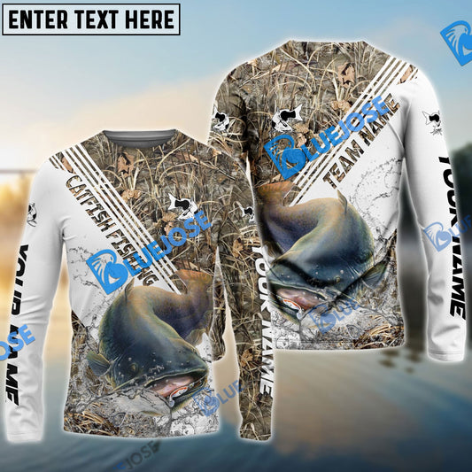 Frenzidea Catfish Fishing White And Grass Camo Sport Custom Name & Team Name 3D Shirts