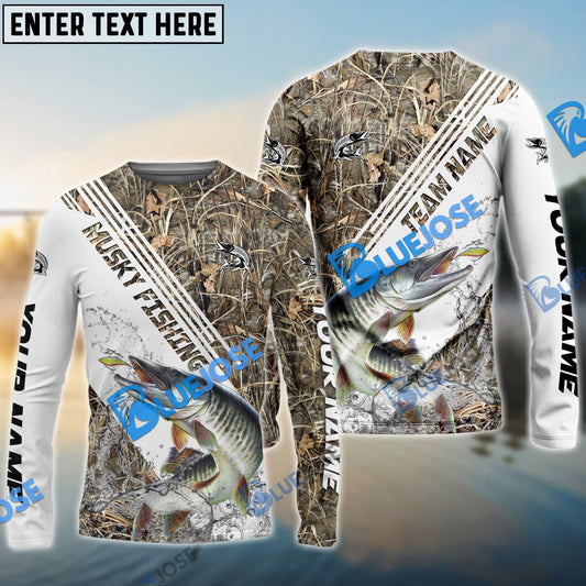 Frenzidea Musky Fishing White And Grass Camo Sport Custom Name & Team Name 3D Shirts