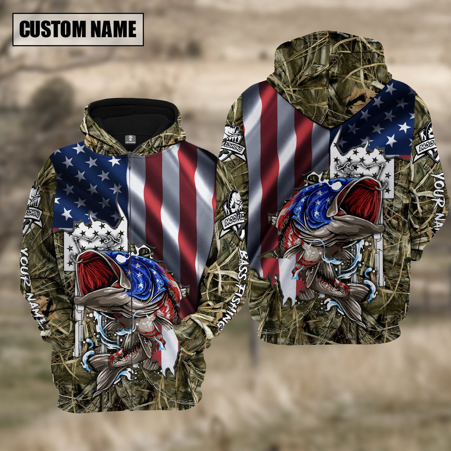frenzidea American Flag Patriotic Largemouth Bass Camo Fishing Custom Name 3D Hoodie