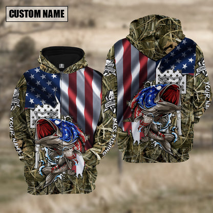 frenzidea American Flag Patriotic Largemouth Bass Camo Fishing Custom Name 3D Hoodie