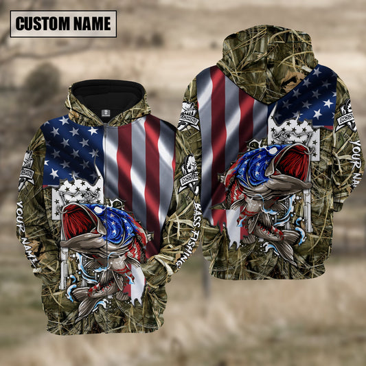 frenzidea American Flag Patriotic Largemouth Bass Camo Fishing Custom Name 3D Hoodie