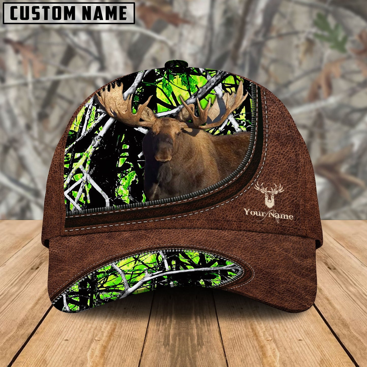 Frenzidea Moose Hunting Leather Zip Pattern Personalized Name Cap