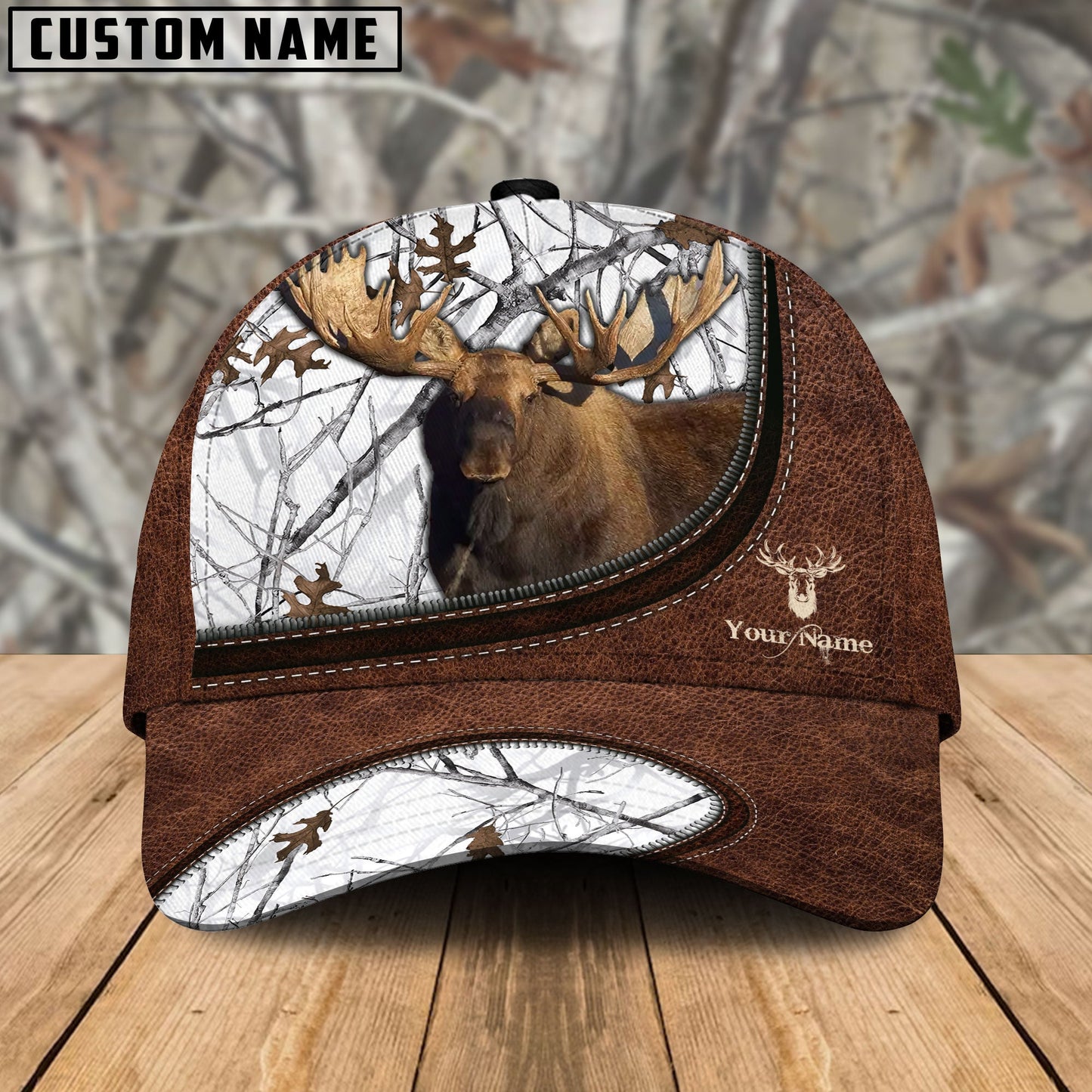 Frenzidea Moose Hunting Leather Zip Pattern Personalized Name Cap