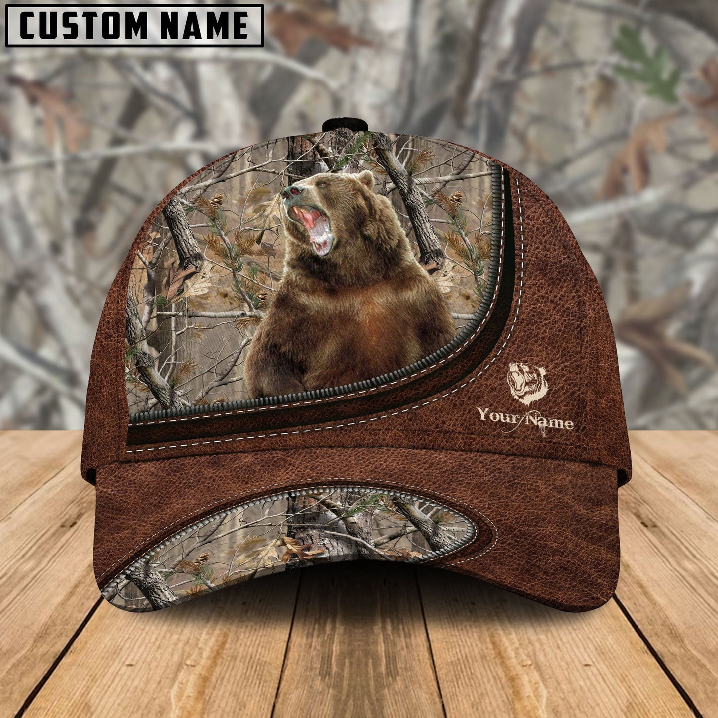 Frenzidea Bear Hunting Leather Zip Pattern Personalized Name Cap