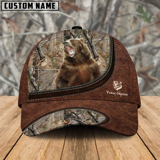 Frenzidea Bear Hunting Leather Zip Pattern Personalized Name Cap