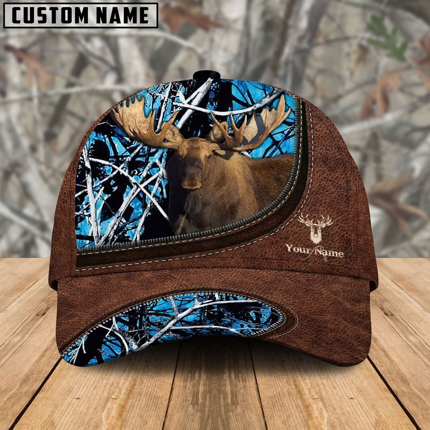 Frenzidea Moose Hunting Leather Zip Pattern Personalized Name Cap