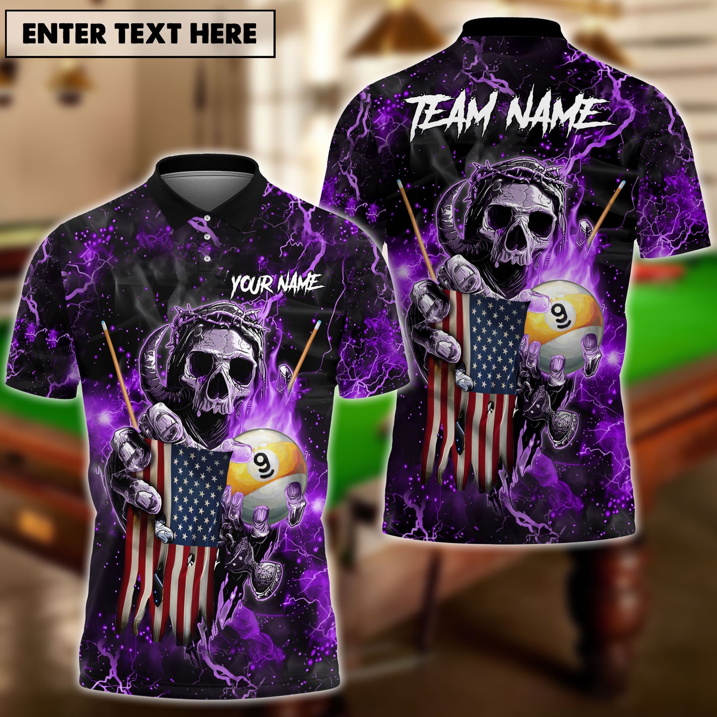 Frenzidea Billiards Ball 9 Fire Skull US Flag Personalized Name, Team Name Unisex Shirt ( 6 Colors )