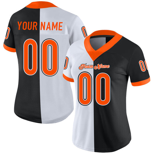 Frenzidea Custom Black Orange-White Mesh Split Fashion Football Jersey